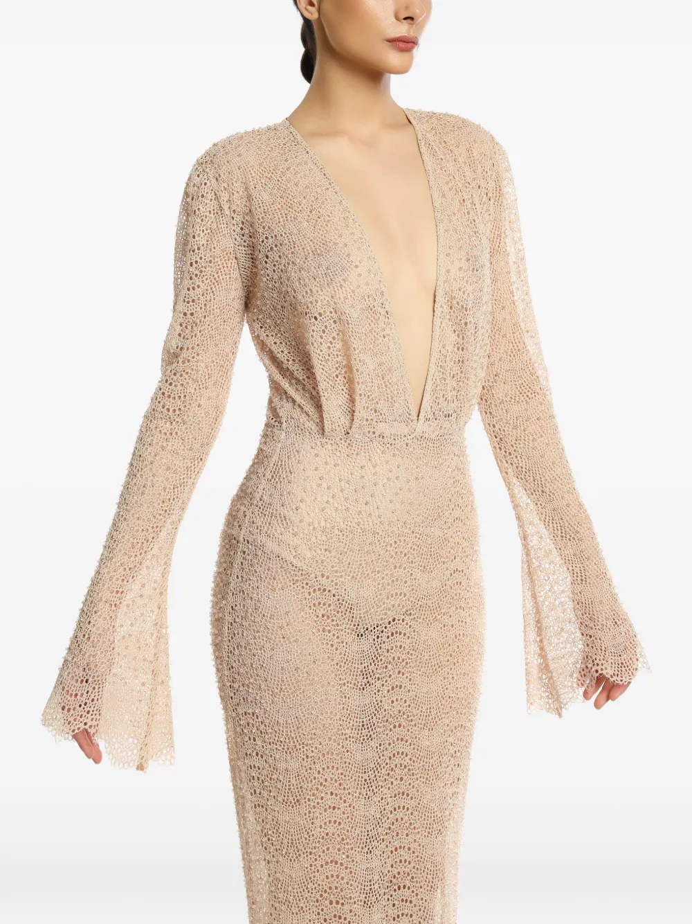 MIAU by Clara Rotescu Saigon crystal-embellished open-knit dress - Toni neutri