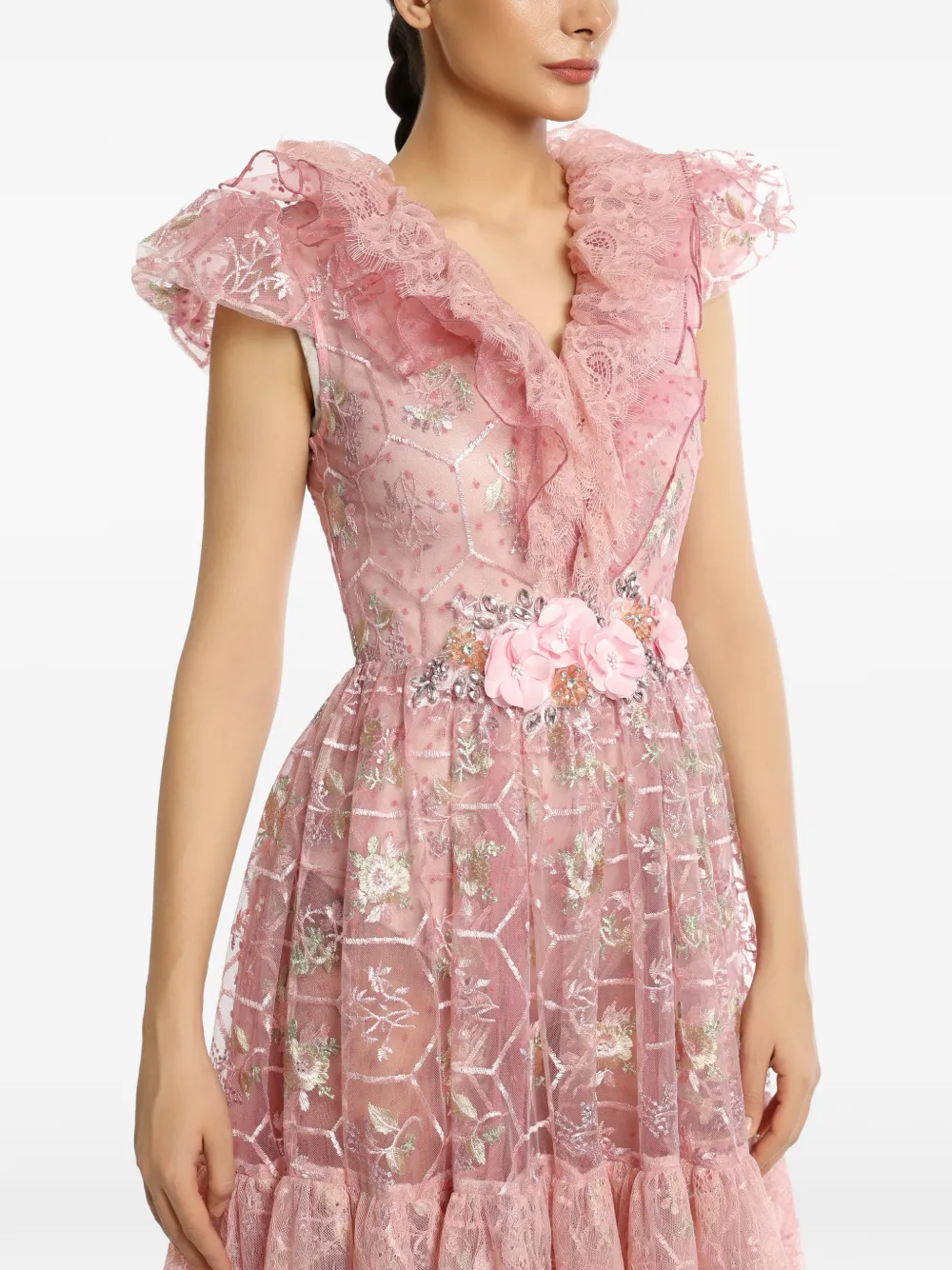 MIAU by Clara Rotescu Batoul ruffled floral-embroidered dress - Rosa