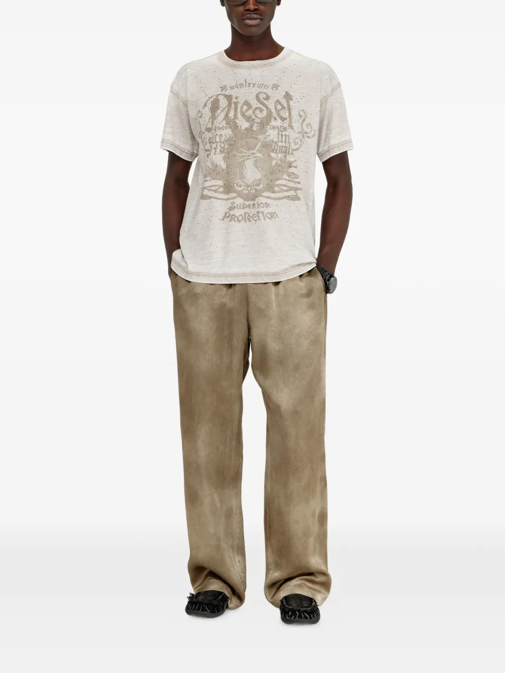 Diesel Jersey T-shirt met burn-out wassing en studs Beige