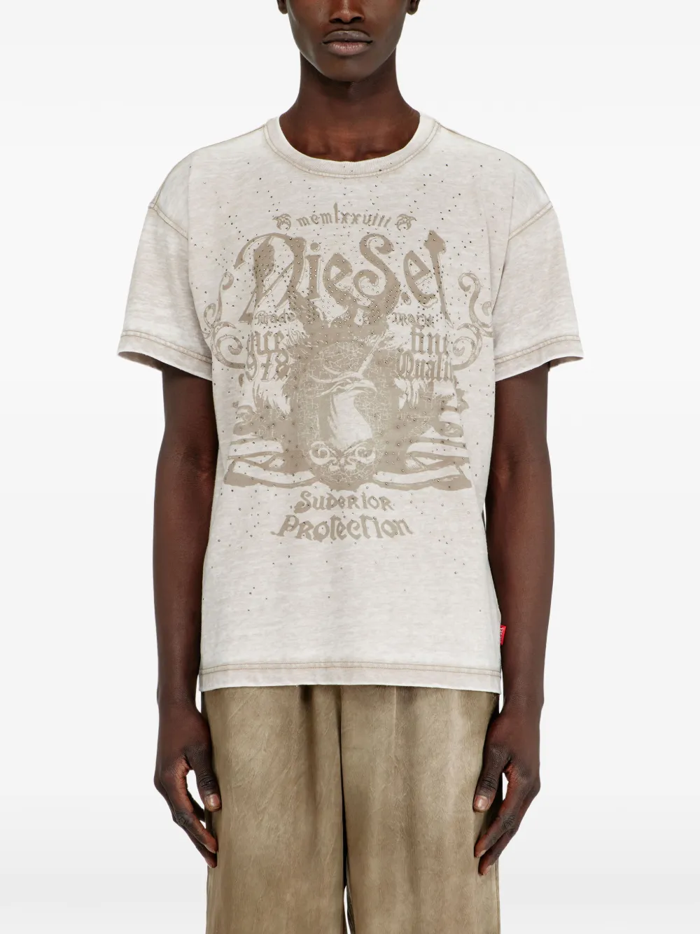 Diesel Jersey T-shirt met burn-out wassing en studs Beige