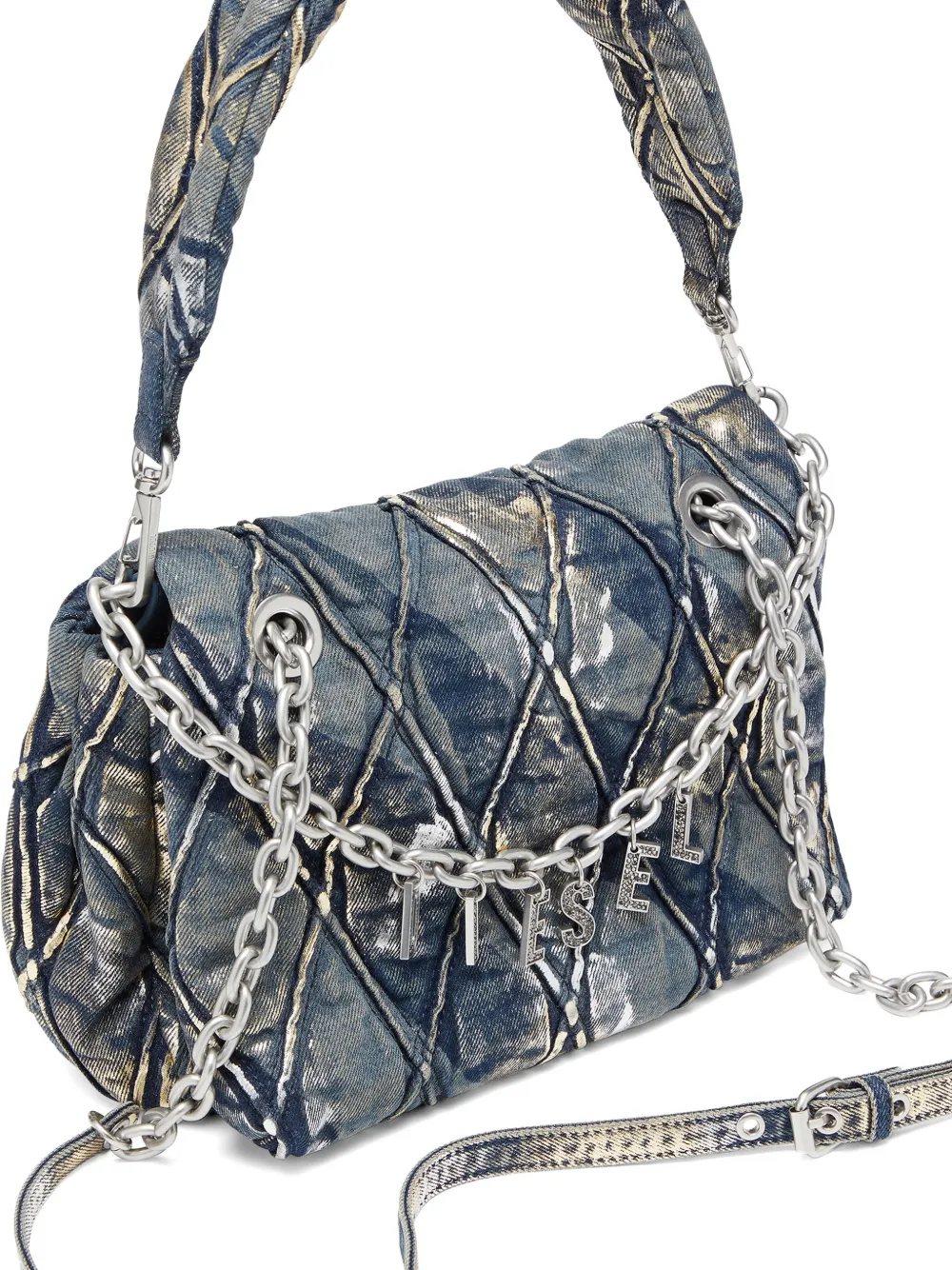 Diesel Schoudertas van metallic denim met D-bedel Blauw