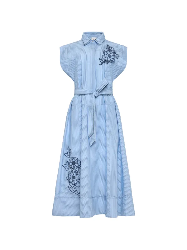 blue striped embroidered dress Gracie Striped Embroidered Open-back Sleeveless Dress in Crinkled Cotton L