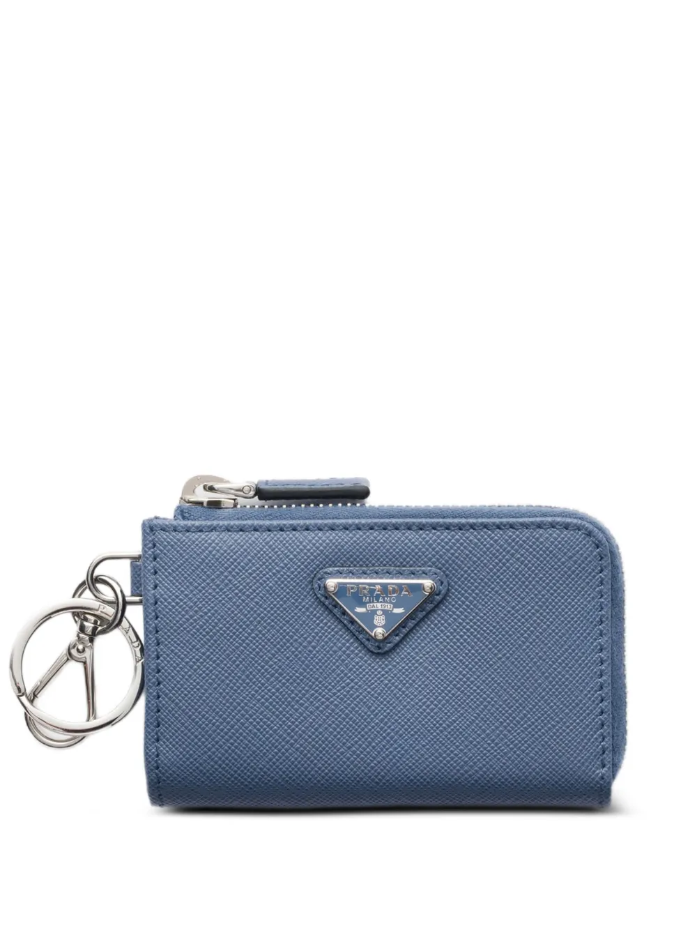Prada Pouch mini in pelle Saffiano con portachiavi - Blu