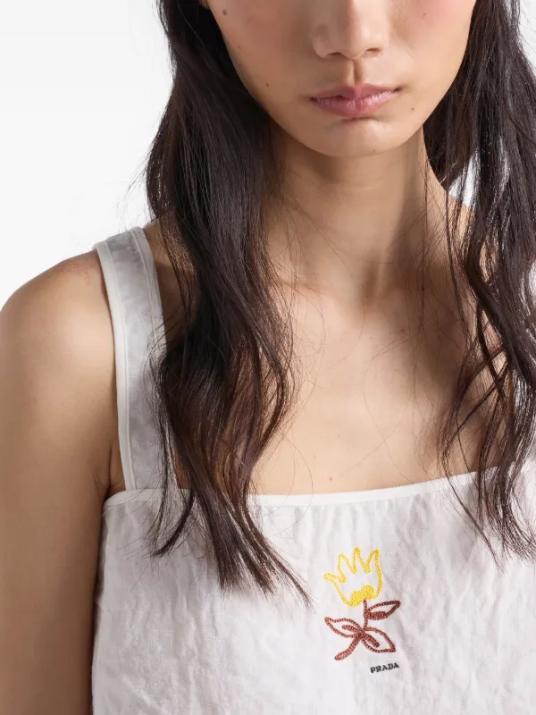 Prada Embroidered Linen Top | White | FARFETCH ID