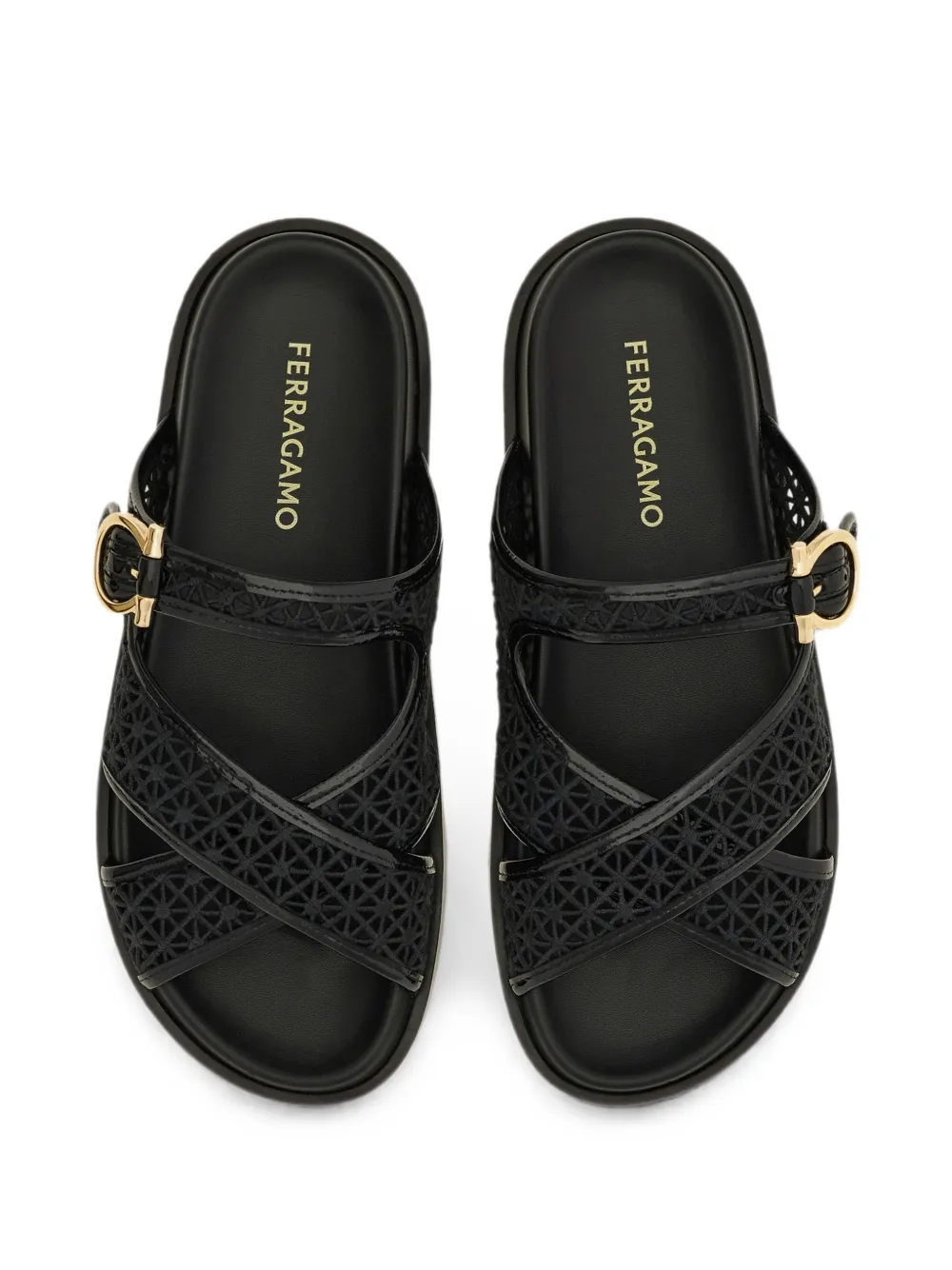 Ferragamo Gancini slippers met gesp en gekruiste bandjes Zwart