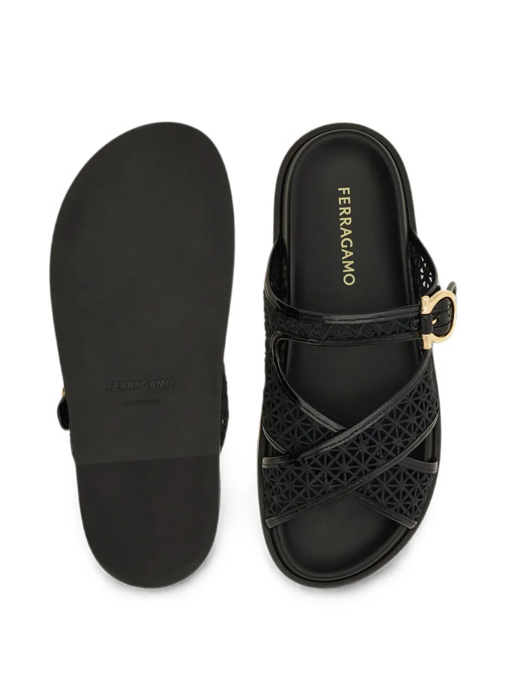 Ferragamo Gancini slippers met gesp en gekruiste bandjes Zwart