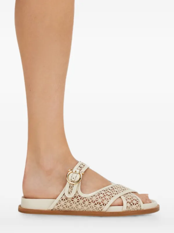 Ferragamo Gancini Buckle Crossover Slides | Neutrals | FARFETCH