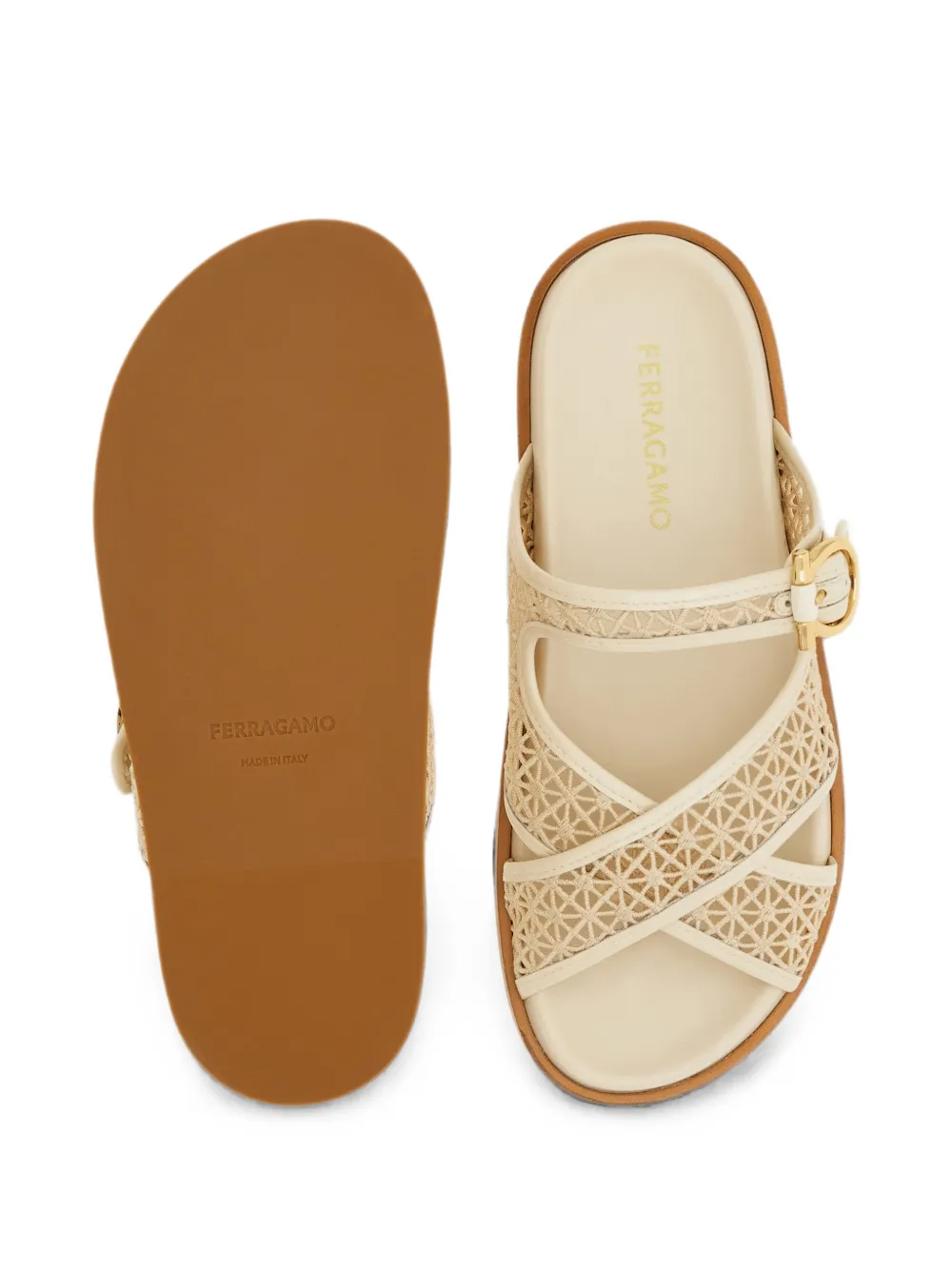 Ferragamo Gancini buckle crossover slides Beige