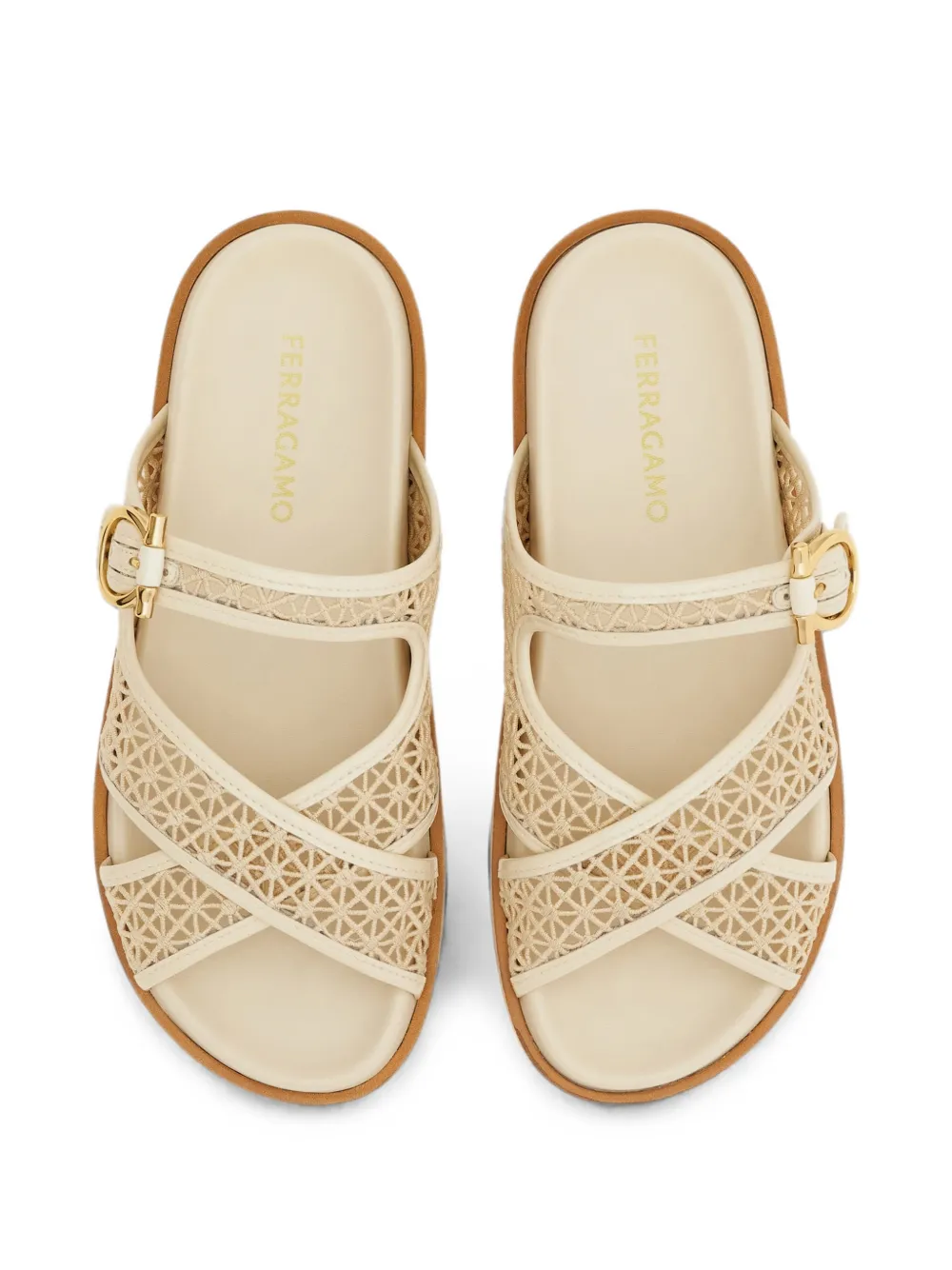 Ferragamo Gancini buckle crossover slides Beige