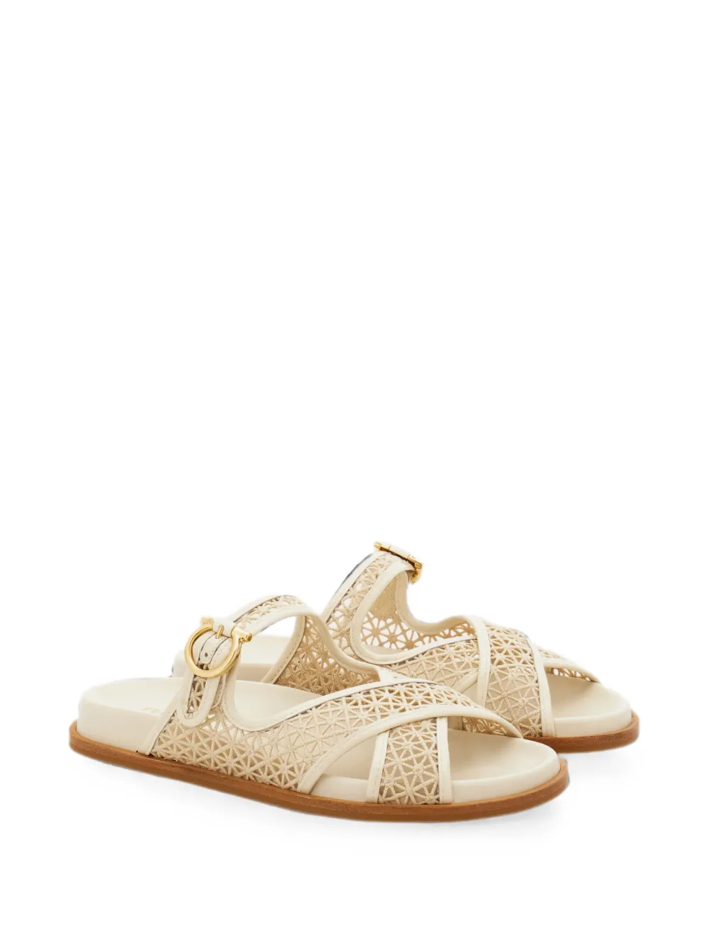 Ferragamo Gancini buckle crossover slides Beige
