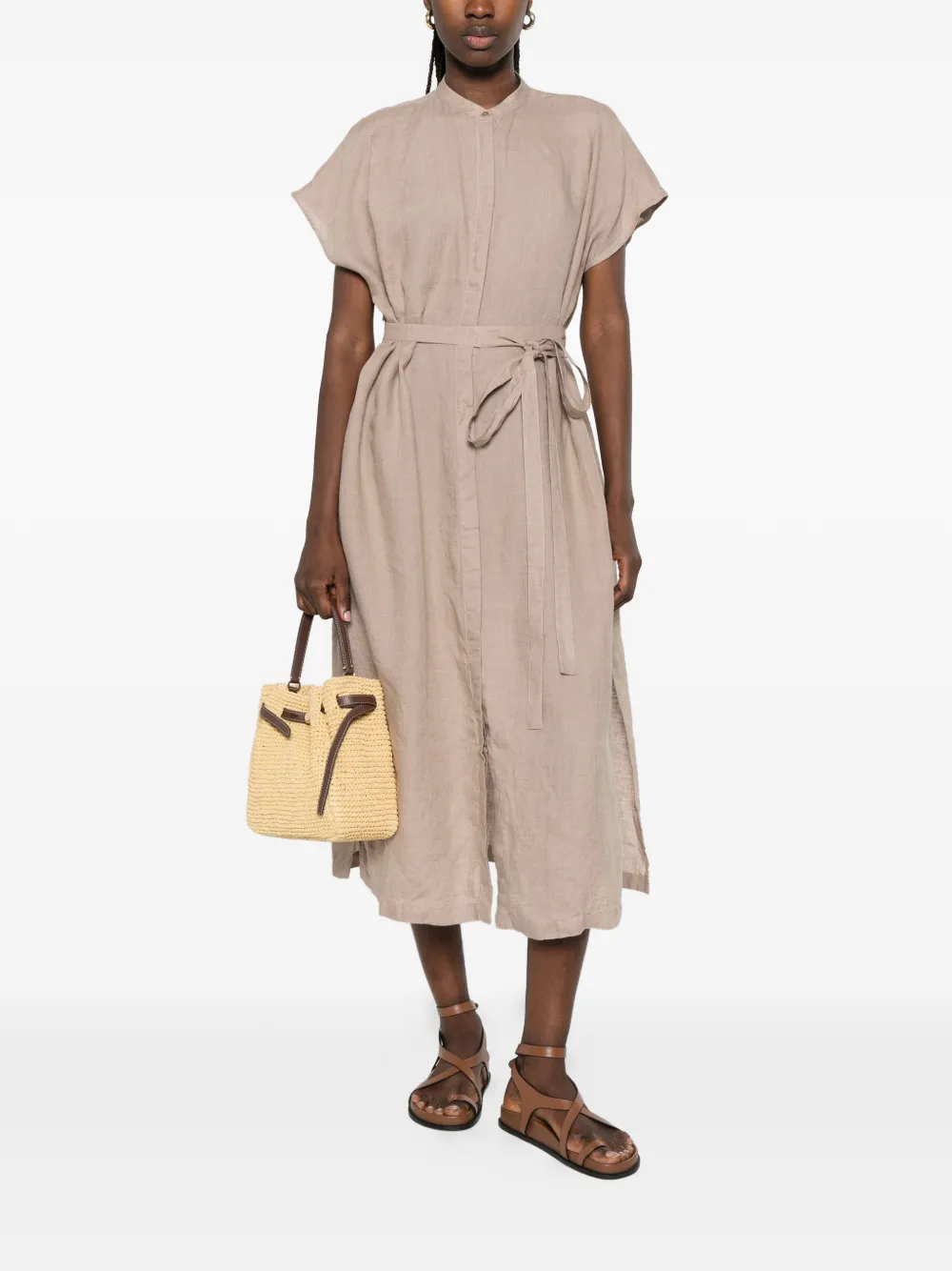 Xacus Nico midi-jurk met kapmouwen en ceintuur Beige