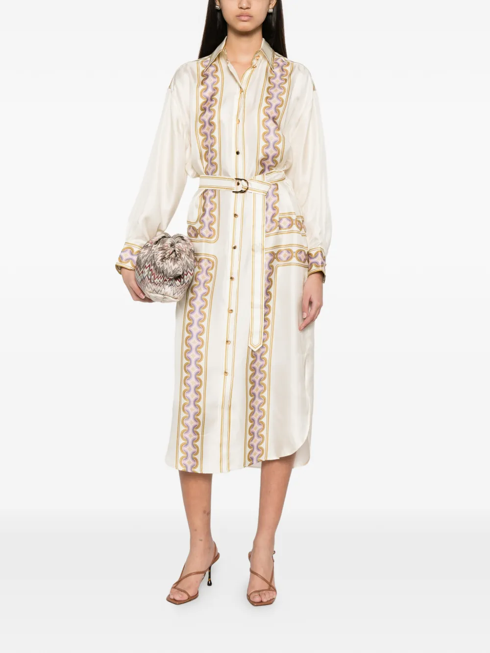 ZIMMERMANN Blousejurk met geometrische print en ceintuur Beige