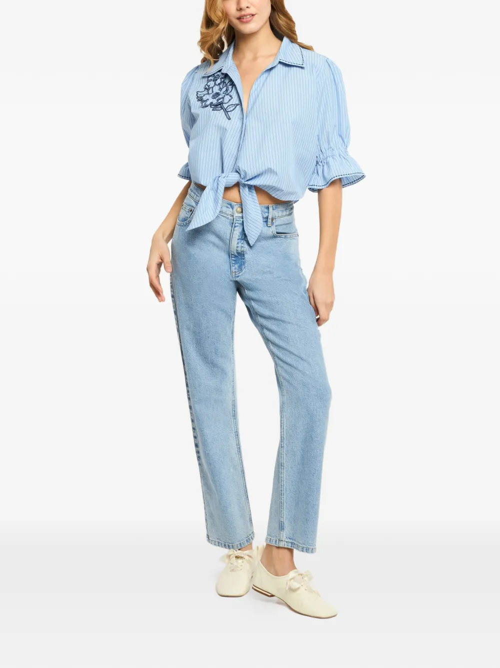 Cinq A Sept Serena gestreepte blouse met geborduurde bloemen Blauw