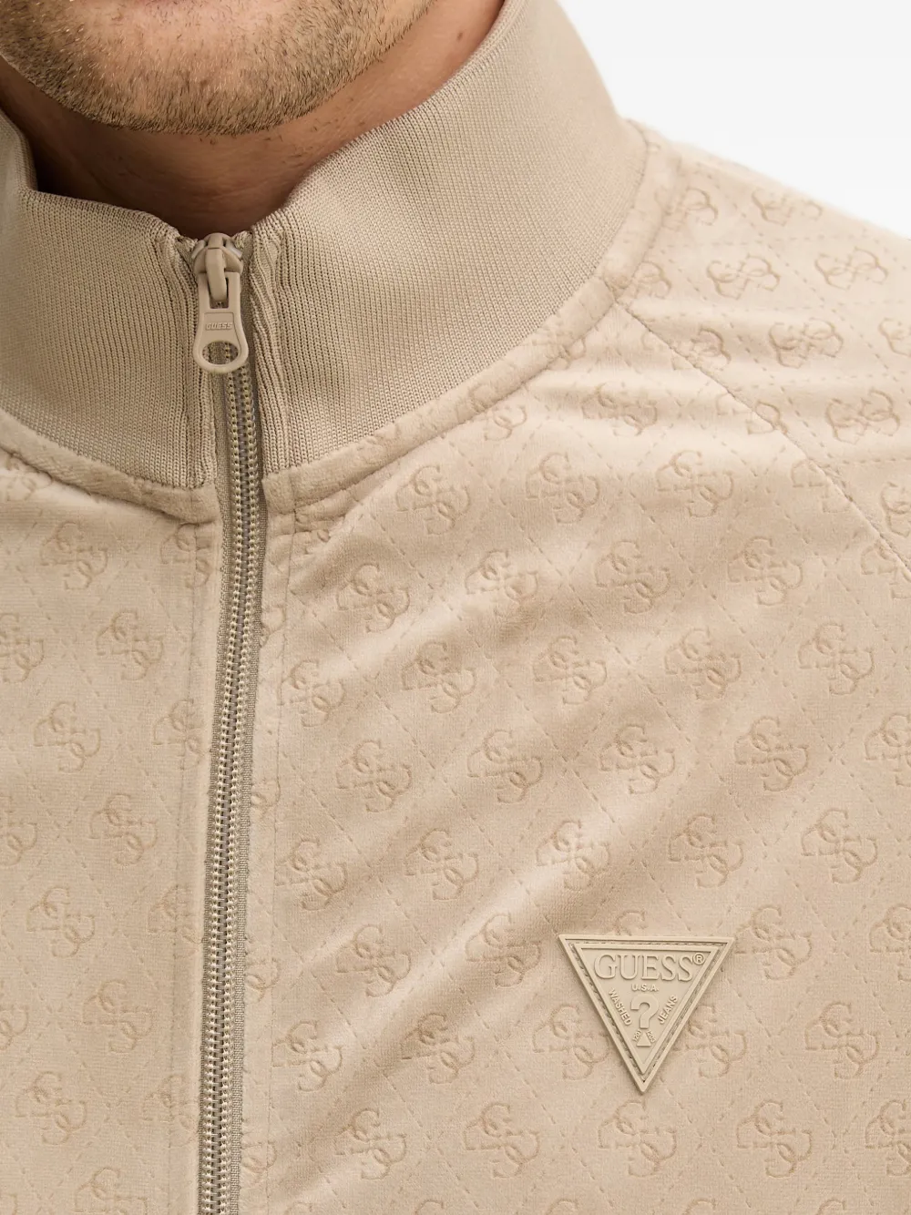 GUESS USA monogram-pattern zip-up sweatshirt Beige