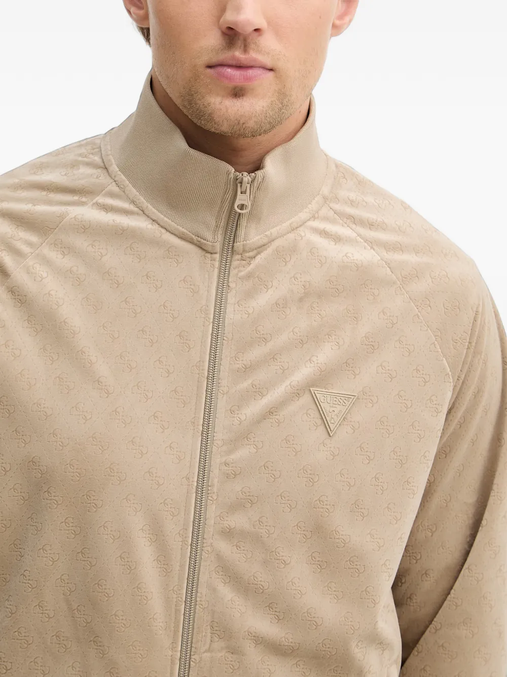 GUESS USA monogram-pattern zip-up sweatshirt Beige