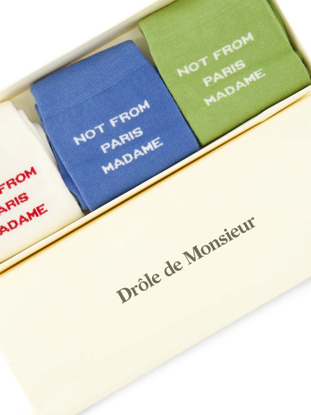 Drôle De Monsieur Drie paar sokken met tekst en geribbelde manchetten Wit