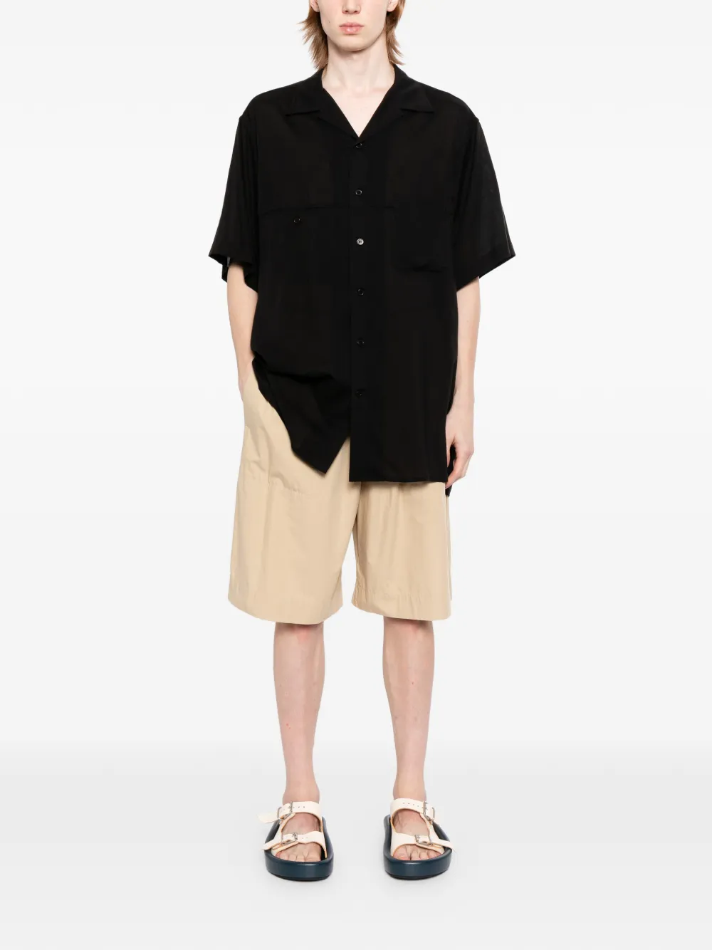 Yohji Yamamoto Overhemd met Cubaanse kraag en korte mouwen Zwart