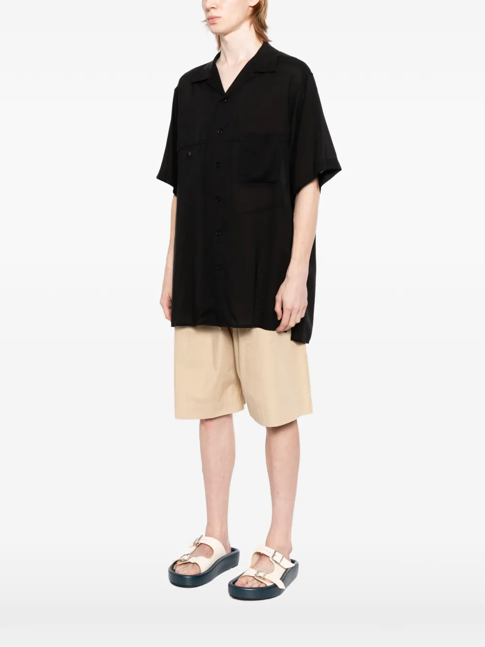 Yohji Yamamoto Overhemd met Cubaanse kraag en korte mouwen Zwart