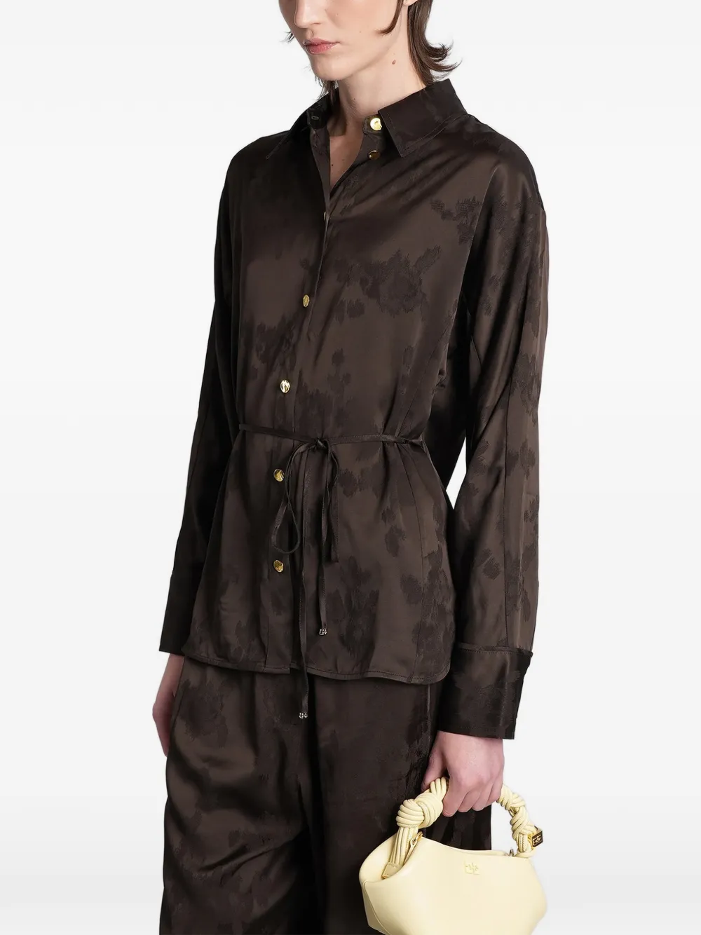 GANNI Blouse met jacquard en ceintuur Bruin