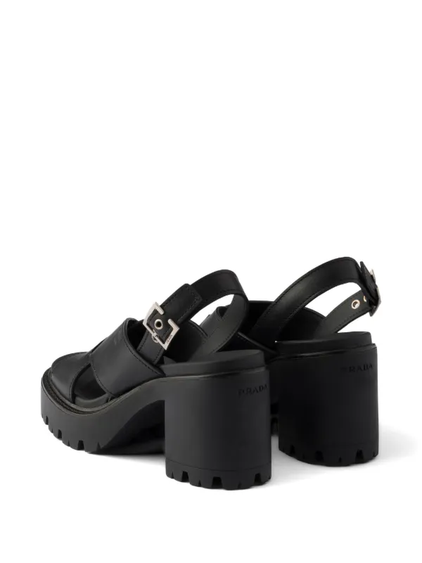 Prada クロスクロスレザー プラットフォームサンダル | ブラック