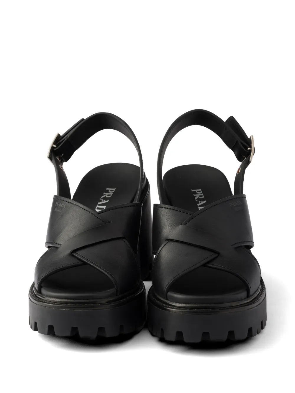 Prada crisscross leather platform sandals Zwart