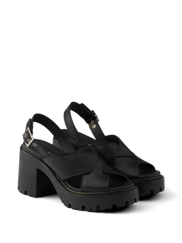 PRADA プラダ プラットフォームクロスストラップ サンダル Prada クロスクロスレザー プラットフォームサンダル | ブラック