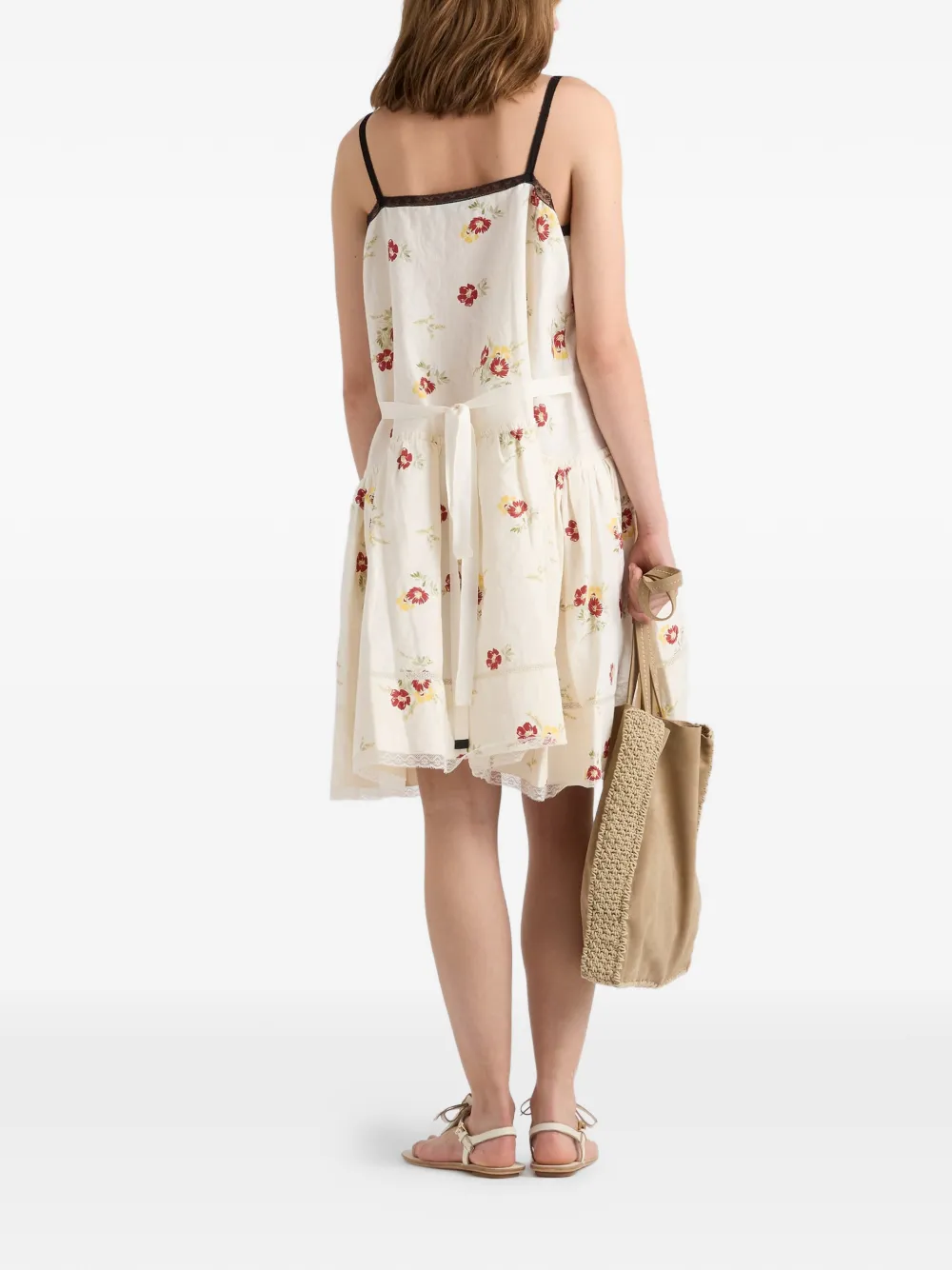 Prada Geborduurde linnen mini-jurk met bloemenprint Beige