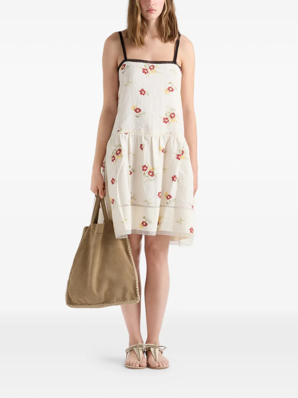 Prada Geborduurde linnen mini-jurk met bloemenprint Beige