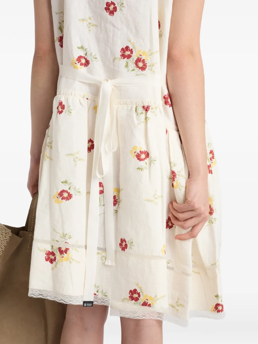Prada Geborduurde linnen mini-jurk met bloemenprint Beige