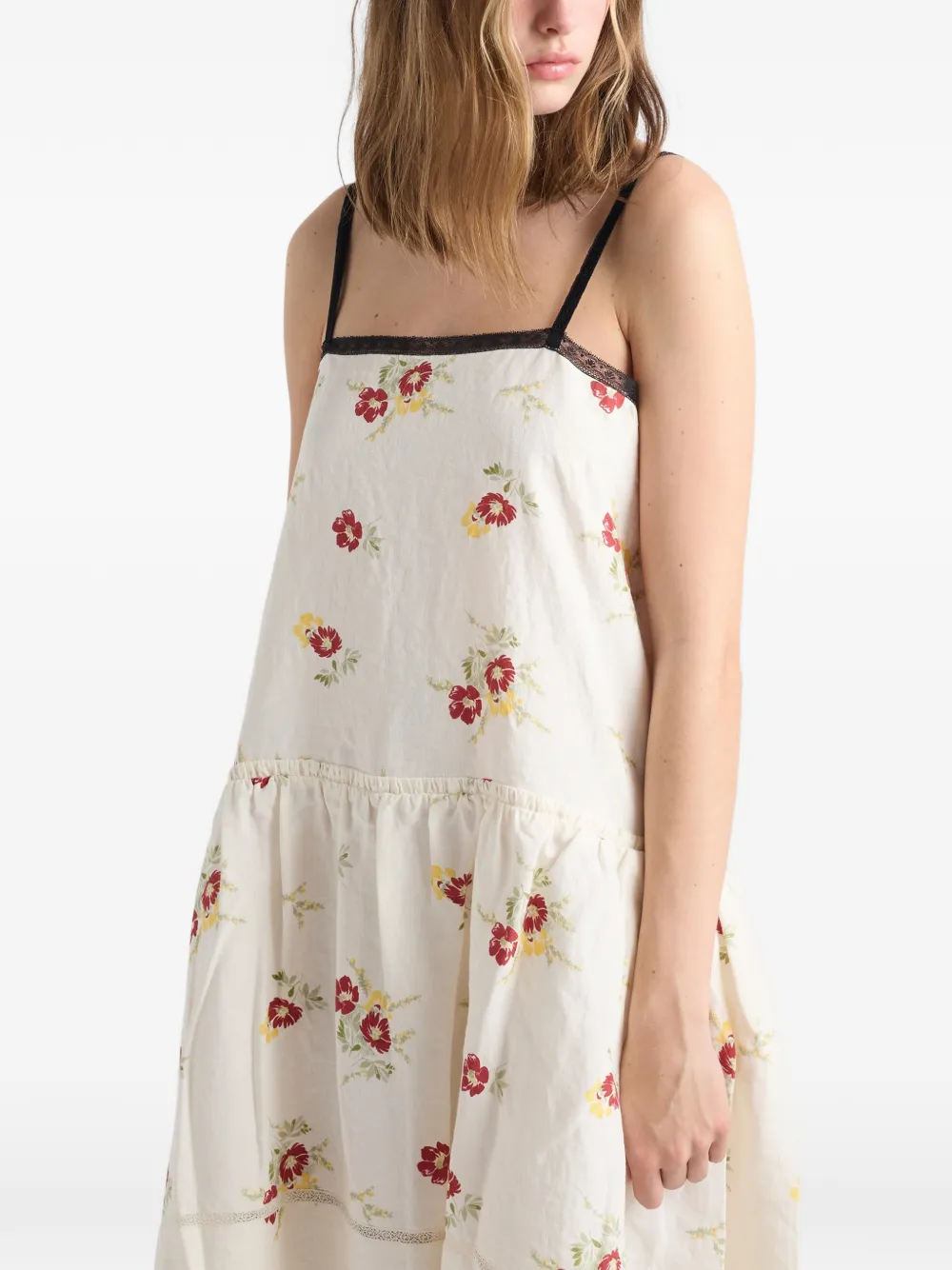 Prada Geborduurde linnen mini-jurk met bloemenprint Beige