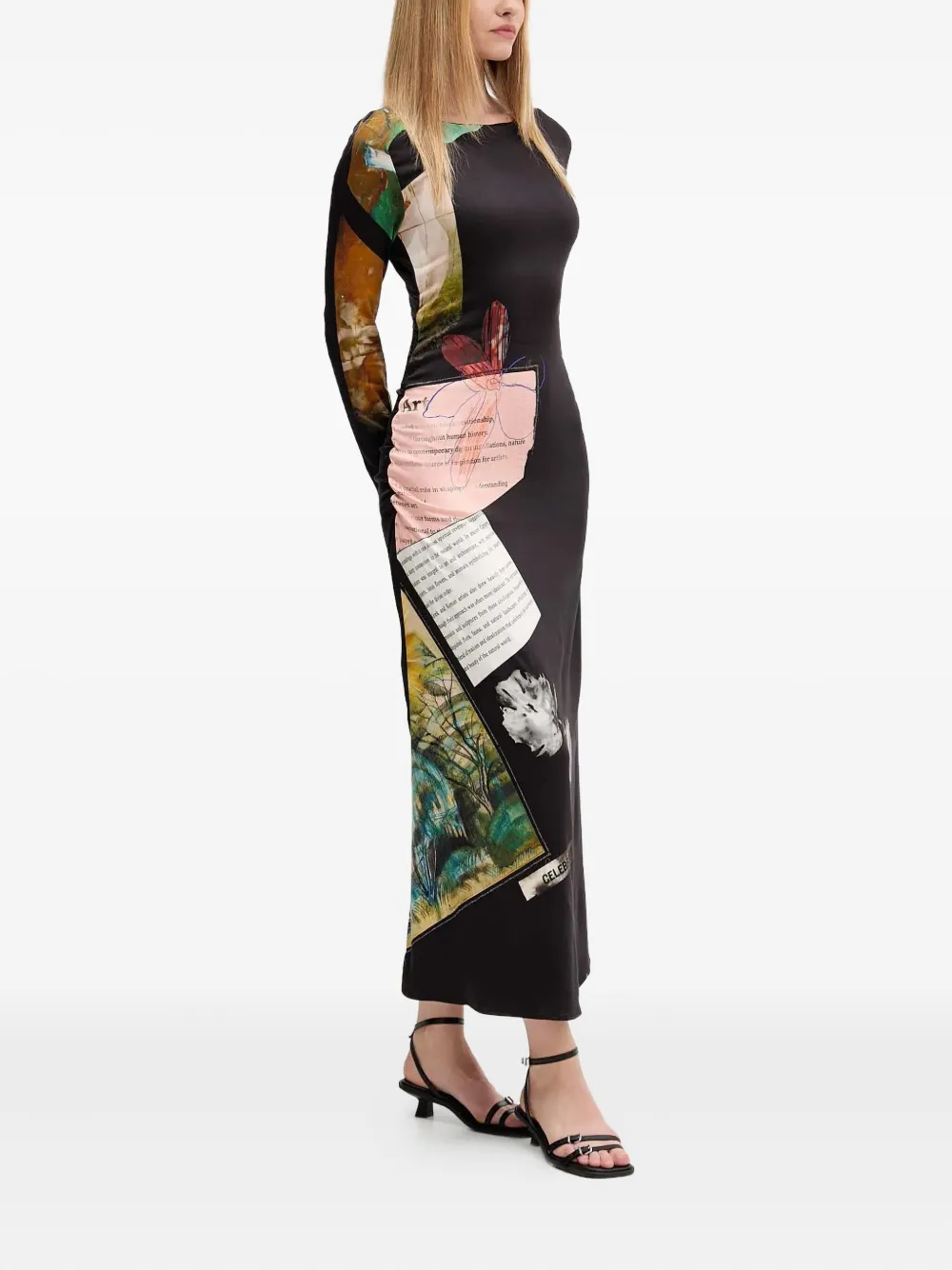 Desigual patchwork-print ruched midi dress Zwart
