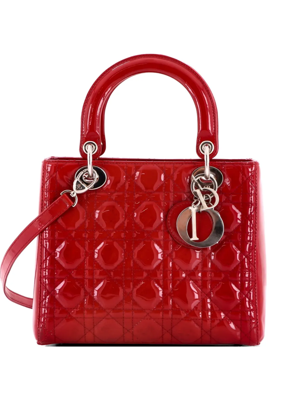Christian Dior Pre-Owned Borsa a tracolla Lady Dior media trapuntata in pelle verniciata con motivo Cannage - Rosso