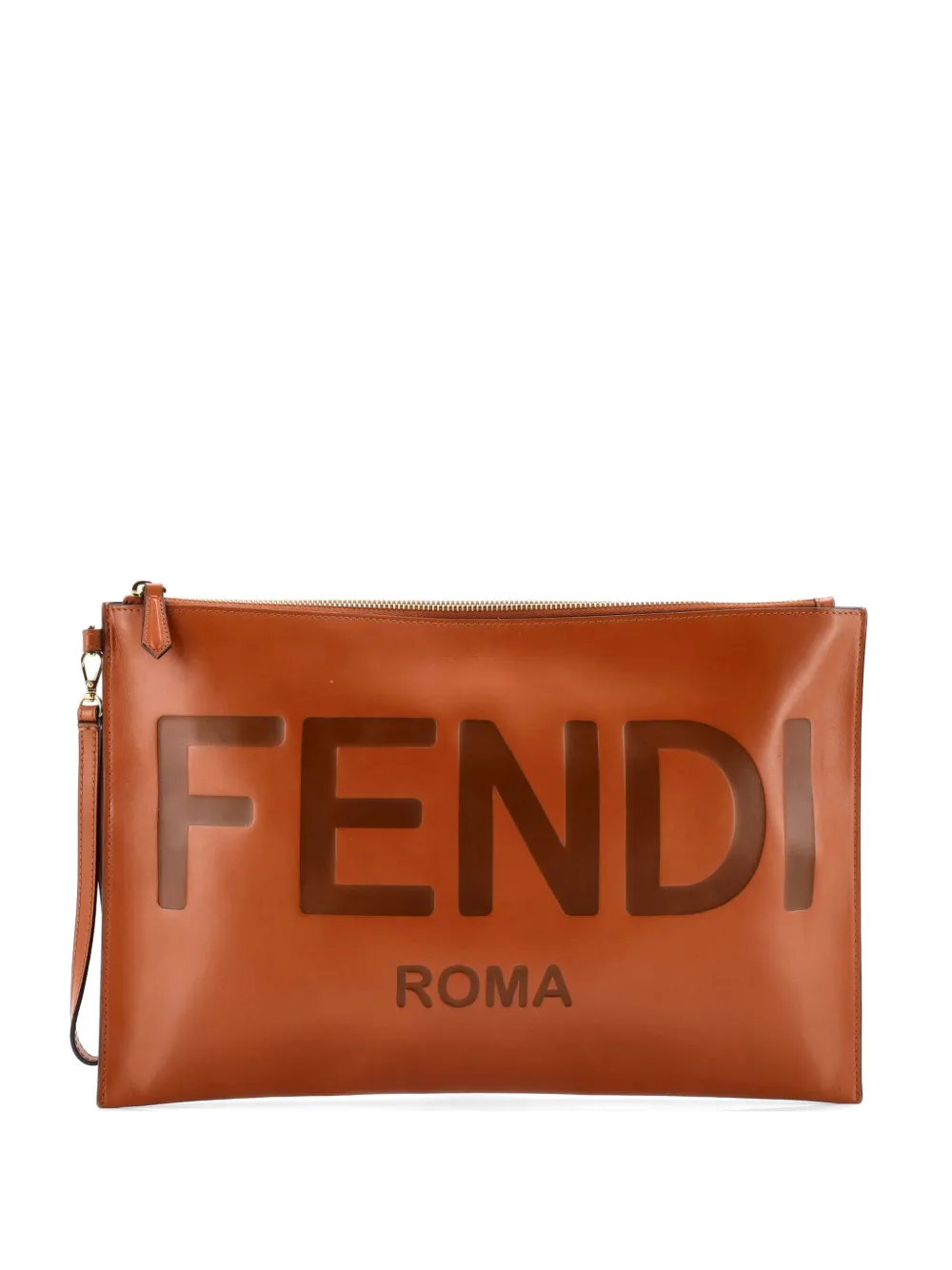 Fendi Pre-Owned Logo Flat Wristlet Pouch Embossed Leather Large clutch bag - Marrone