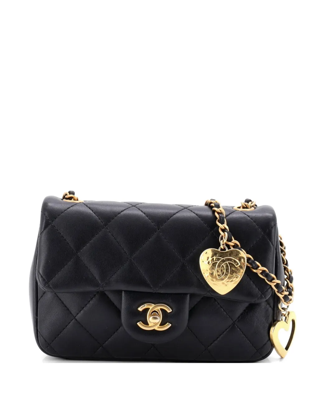 Pre-owned Chanel Heart Charms Flap Bag Quilted Lambskin Mini Crossbody Bag In Black