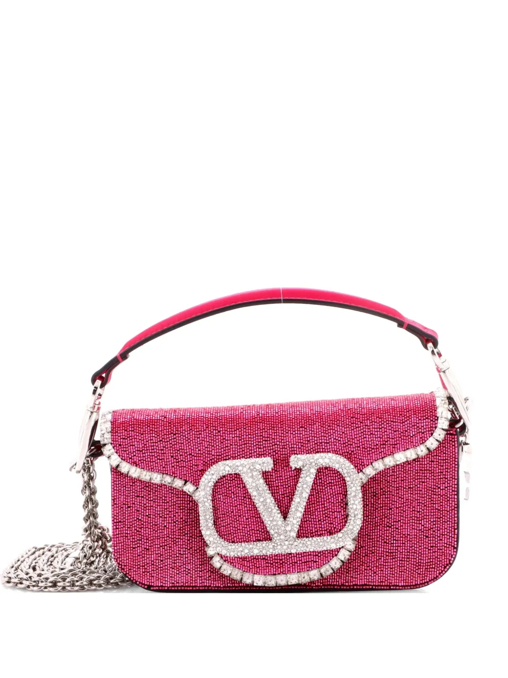 Valentino Garavani Pre-Owned VLogo Loco Flap Embellished Leather Small shoulder bag - Rosa