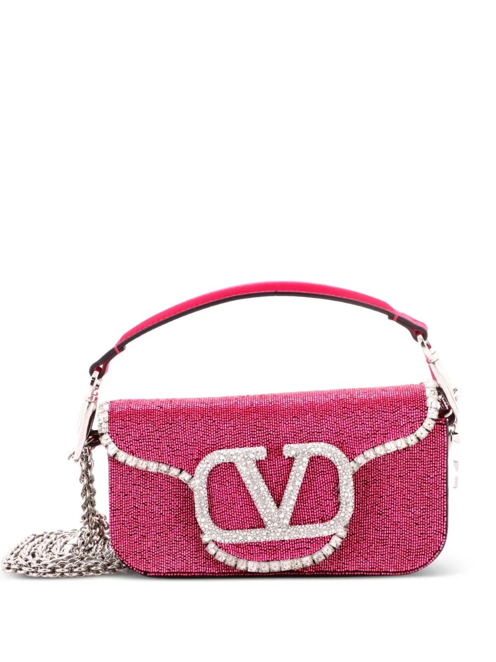 Valentino Garavani Pre-Owned VLogo Loco Flap Embellished Leather Small shoulder bag - Rosa
