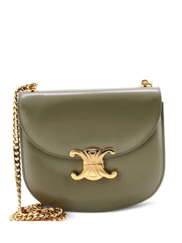 Celine Pre-owned Triomphe Besace Clea Chain Flap Bag Leather Shoulder Bag in Green