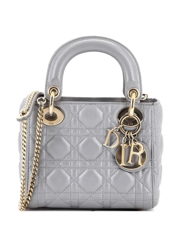 Dior Pre-owned Lady Dior Chain Bag Cannage Quilt Lambskin Mini Satchel in Grey