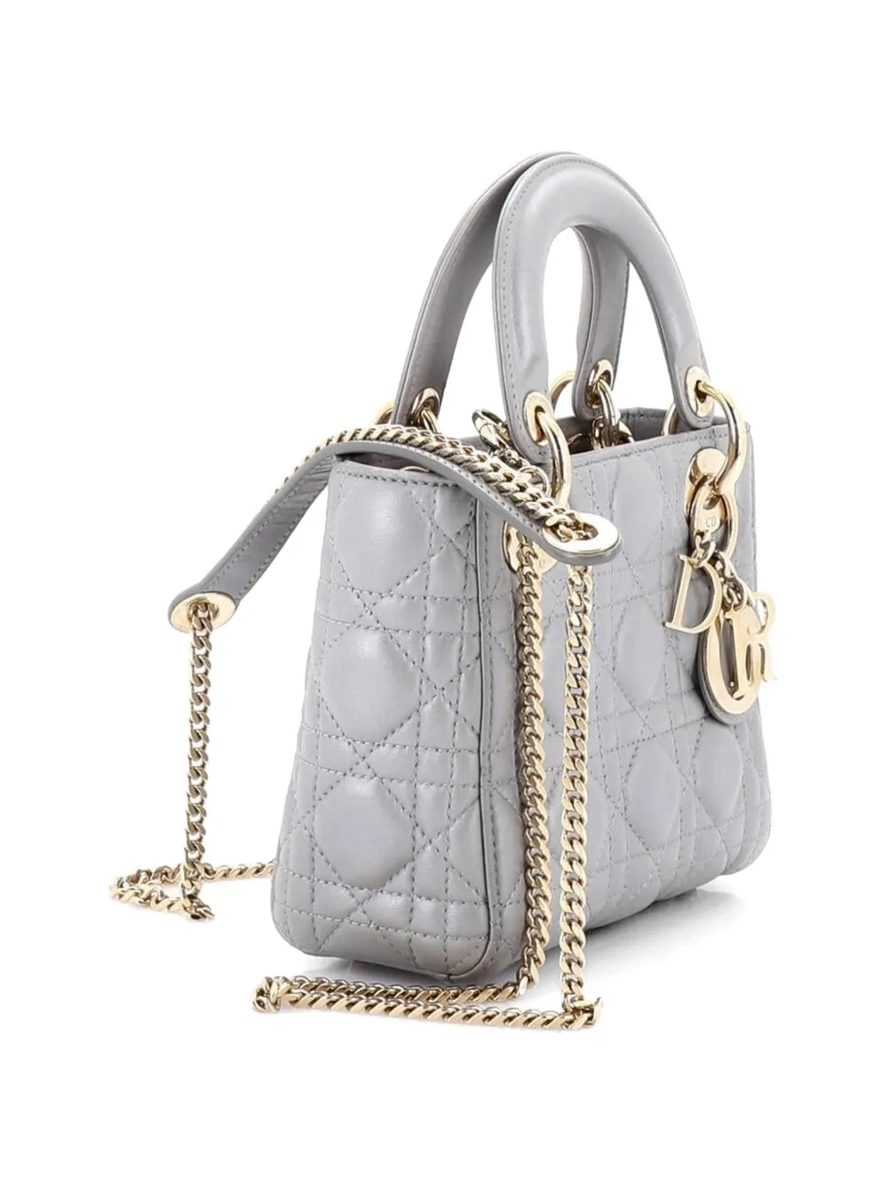 Dior Pre-owned Lady Dior Chain Bag Cannage Quilt Lambskin Mini Satchel in Grey, view 3