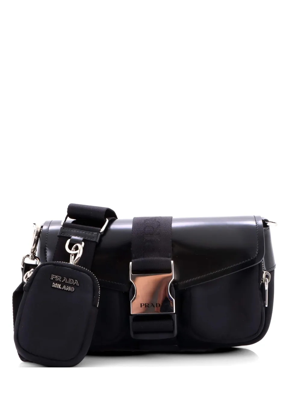 Prada Pre-Owned Buckle Pocket Spazzolato Leather and Tessuto crossbody bag - Nero