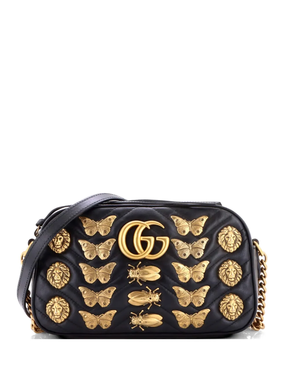 Pre-owned Gucci Gg Marmont Shoulder Bag Embellished Matelasse Leather Small Crossbody Bag In Black