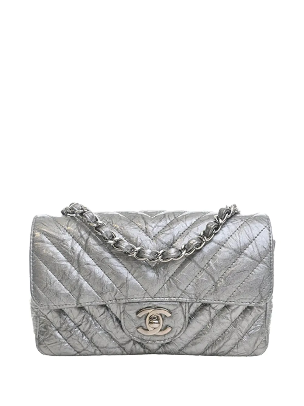 CHANEL Pre-Owned 2018 Mini Rectangular Classic Chevron Metallic Crumpled Calfskin Single Flap crossbody bag - Argento