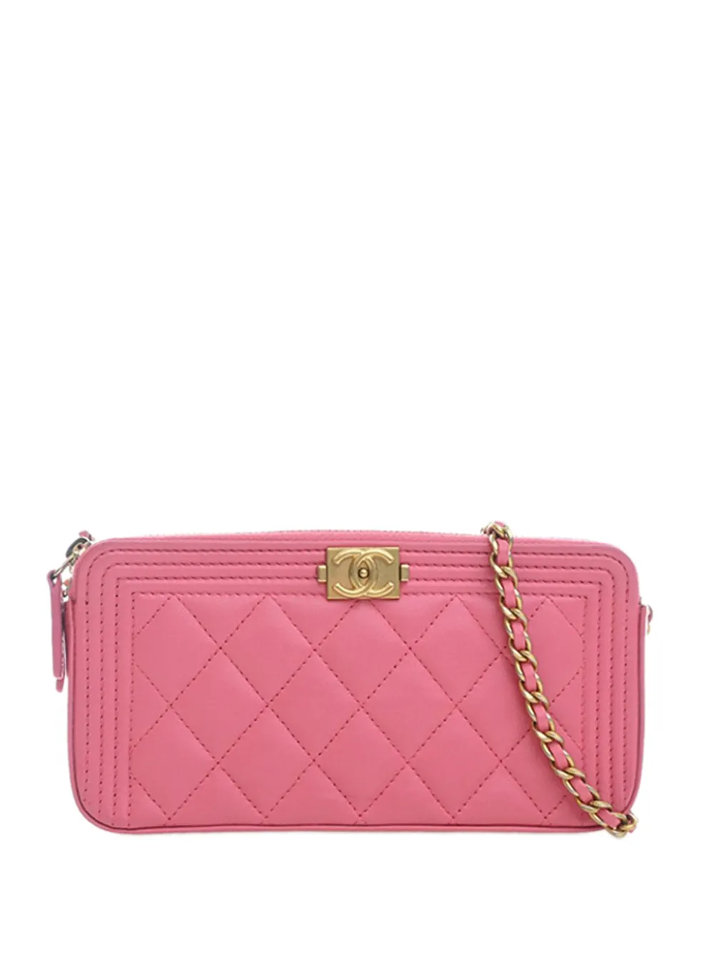 CHANEL Pre-Owned 2016-2017 Quilted Lambskin Boy Double Zip Wallet On Chain crossbody bag - Rosa