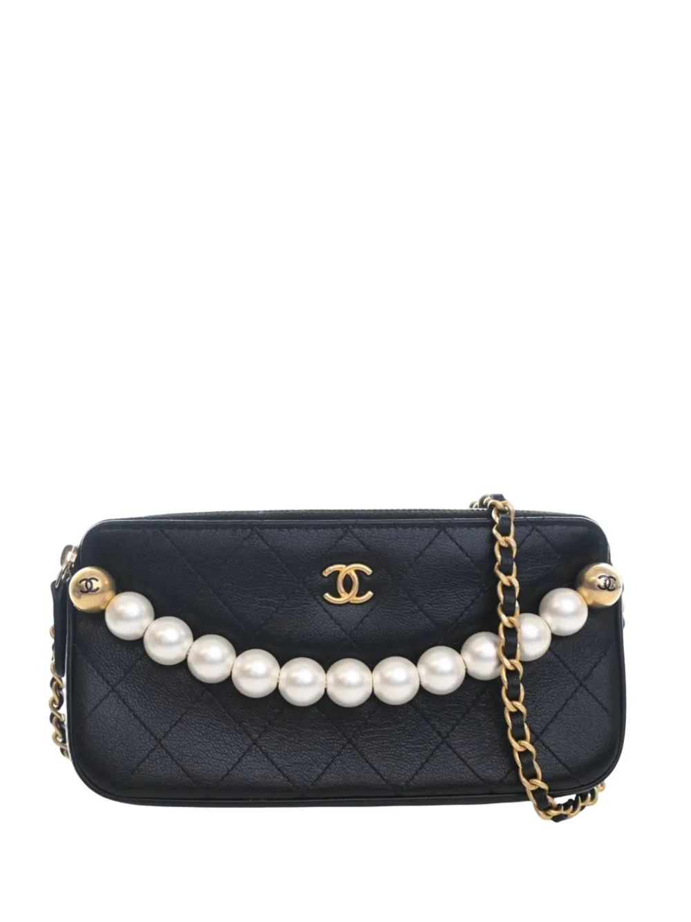CHANEL Pre-Owned 2019 CC Quilted Goatskin Chic Pearls Double Zip Clutch With Chain satchel - Nero
