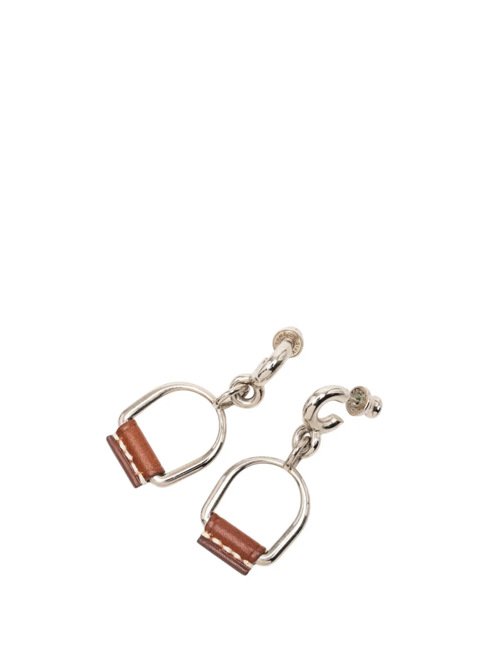 Hermès Pre-Owned 2000-2025 Silver Plated and Swift Leather Equestre Etrier Push Back Earrings costume earrings - Marrone