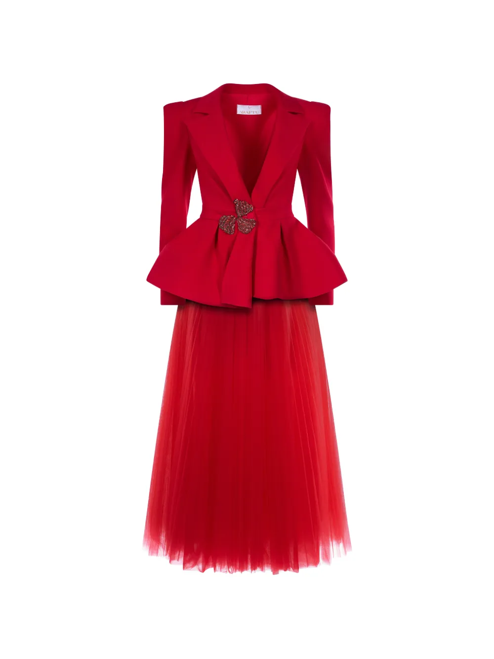 ARAFTU peplum tulle-panel dress - Rosso