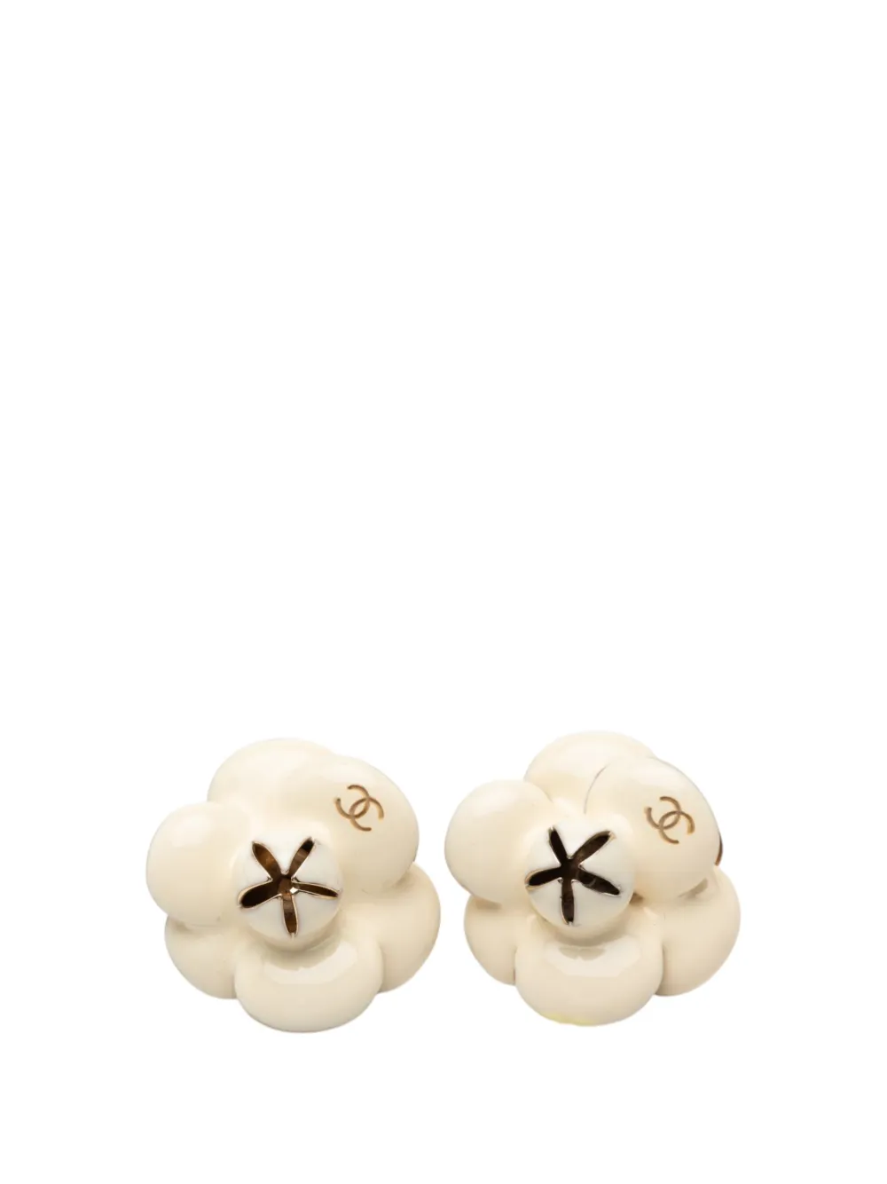 CHANEL Pre-Owned 2002 CC Gold Plated Enamel Camellia Clip On Earrings costume earrings - Bianco