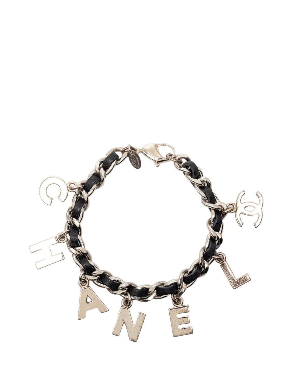 CHANEL Pre-Owned 2005 Silver Plated and Leather Woven Logo Charm Bracelet costume bracelet - Nero