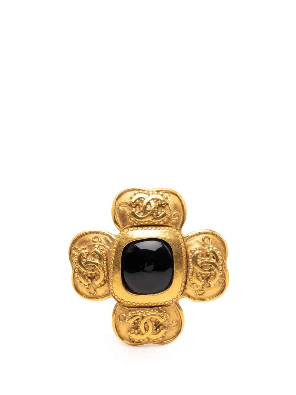 CHANEL Pre-Owned 1996 CC Gold Plated Black Stone Clover Brooch costume brooch - Oro