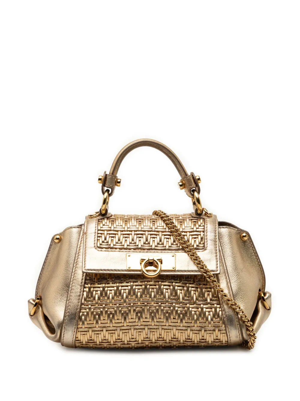Ferragamo Pre-Owned 2010-2026 Mini Metallic Woven Leather Gancini Sofia satchel - Oro
